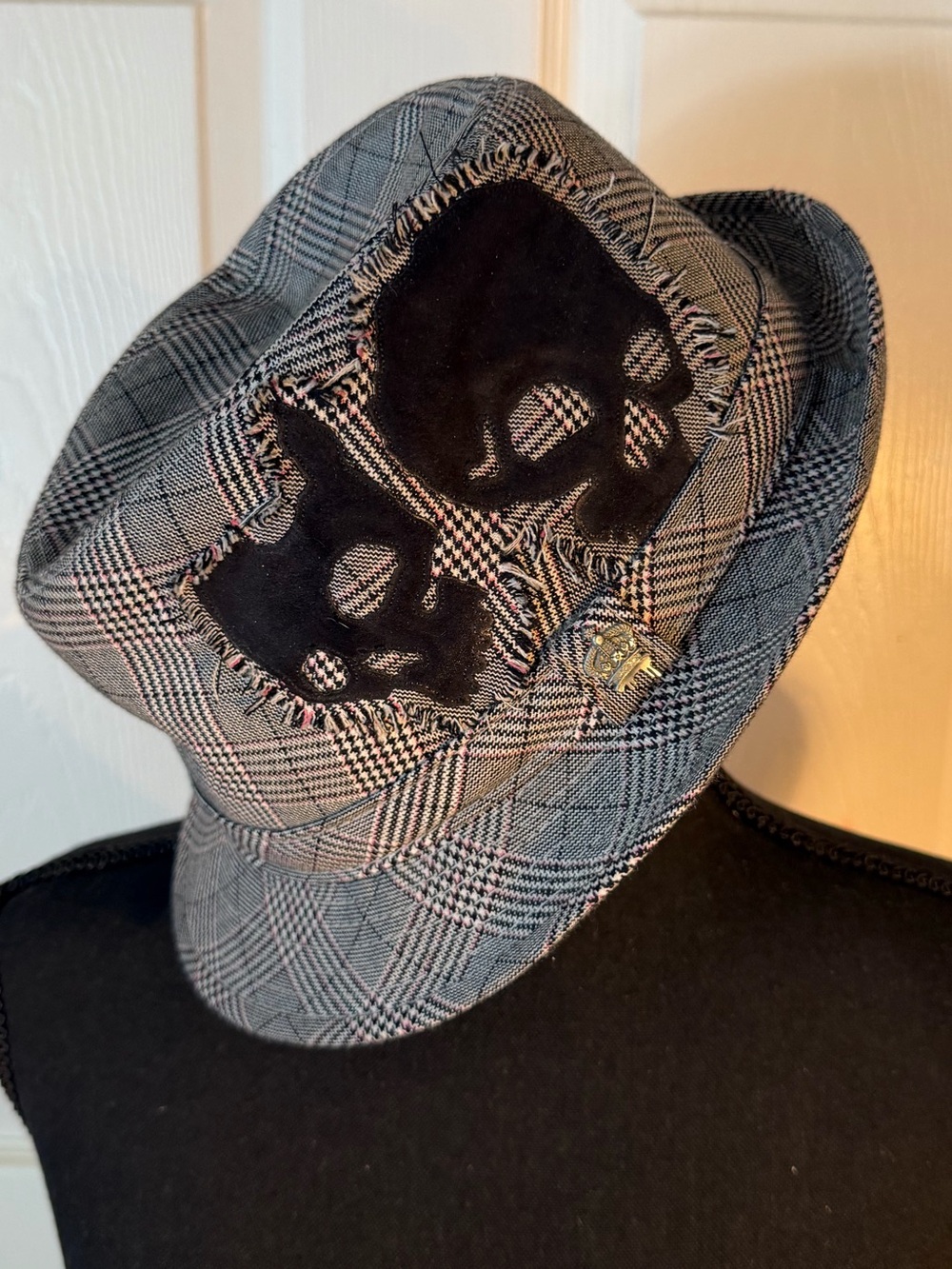 Plaid Fedora Hat with Black Skull Patches